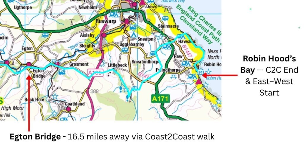 OS map extract of the blue Coast to Coast trail covering the 16.5‑mile section between Robin Hood’s Bay and Egton Bridge.