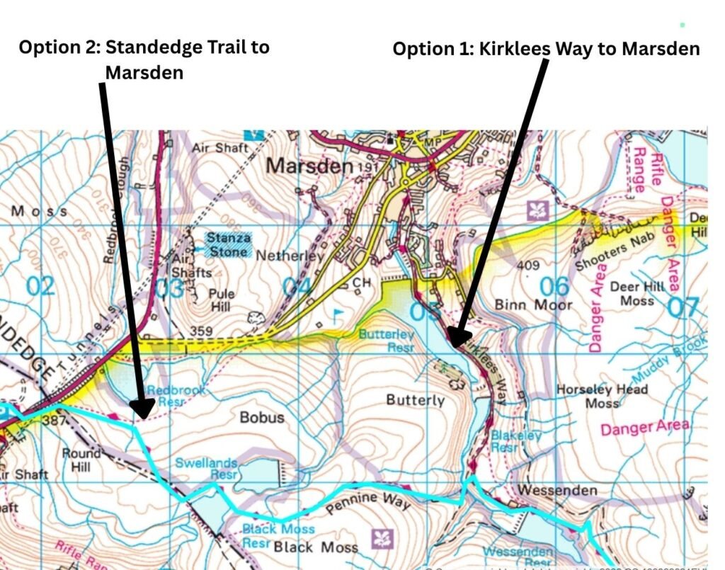 Map showing two route options into Marsden: the Kirklees Way finish or the Standedge Trail extension, with the Pennine Way marked in blue.