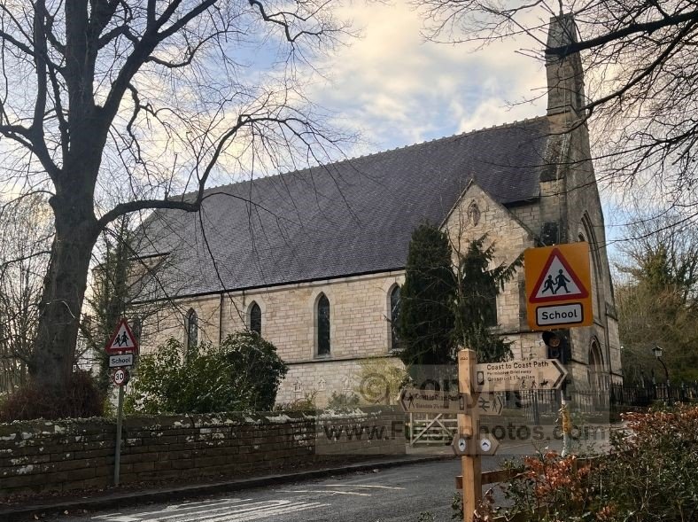 Photo of Egton Bridge church seen from the private road with permissive access on the Coast to Coast route.
