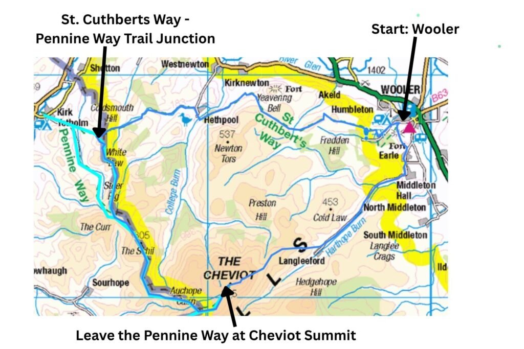 Annotated map of the Wooler to The Cheviot circular, with the Pennine Way in light blue and my loop in dark blue; overlapping sections follow the Pennine Way.