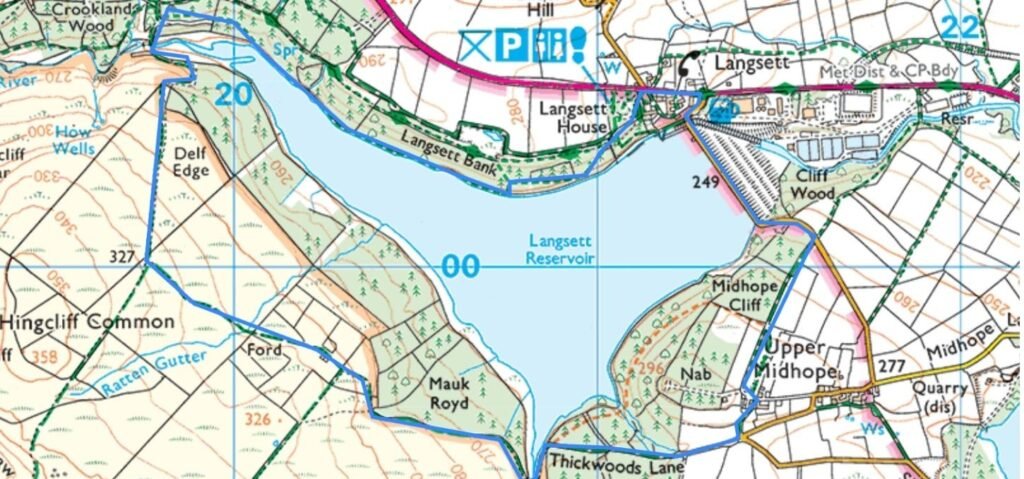 OS Map extract of the Langsett Reservoir Circular Walk, with a blue line highlighting the route around the reservoir.