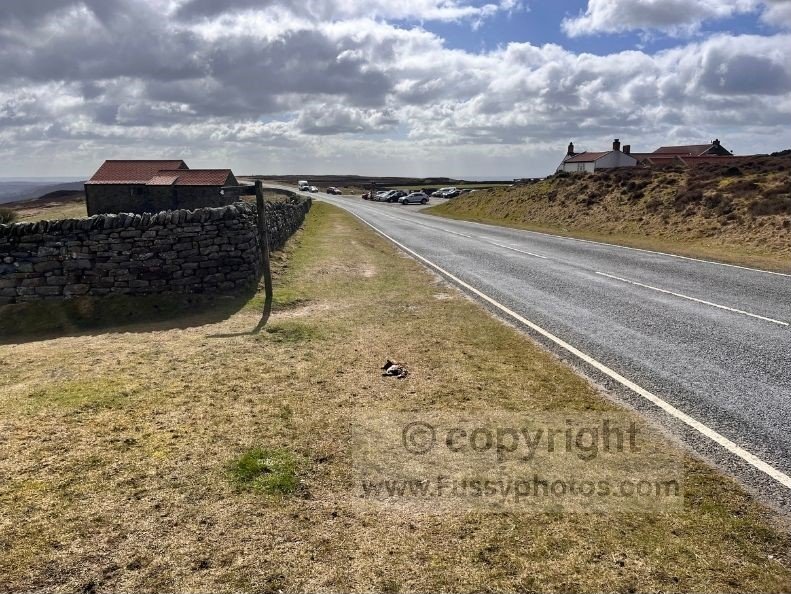 View of The Lion Inn from the road on Blakey Ridge along the Coast to Coast, arriving after a windy morning on exposed moorland.