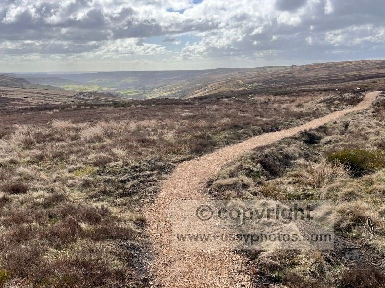 Looking south into Rosedale from the ridge on the Coast to Coast, around one mile from The Lion Inn, showing open moorland and the valley below.