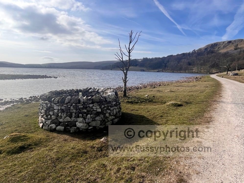 View of the eastern side of Malham Tarn, showing open farmland and dry‑stone walls where the trail from Ing Scar reaches the flatter ground above the valley.