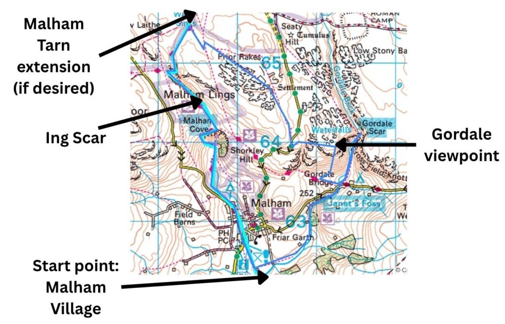 Annotated map of the 6.5‑mile Malham circular starting in Malham village, showing the route via Malham Cove, Janet’s Foss, Gordale Scar, the high viewpoint above the gorge, and the return over Ing Scar.