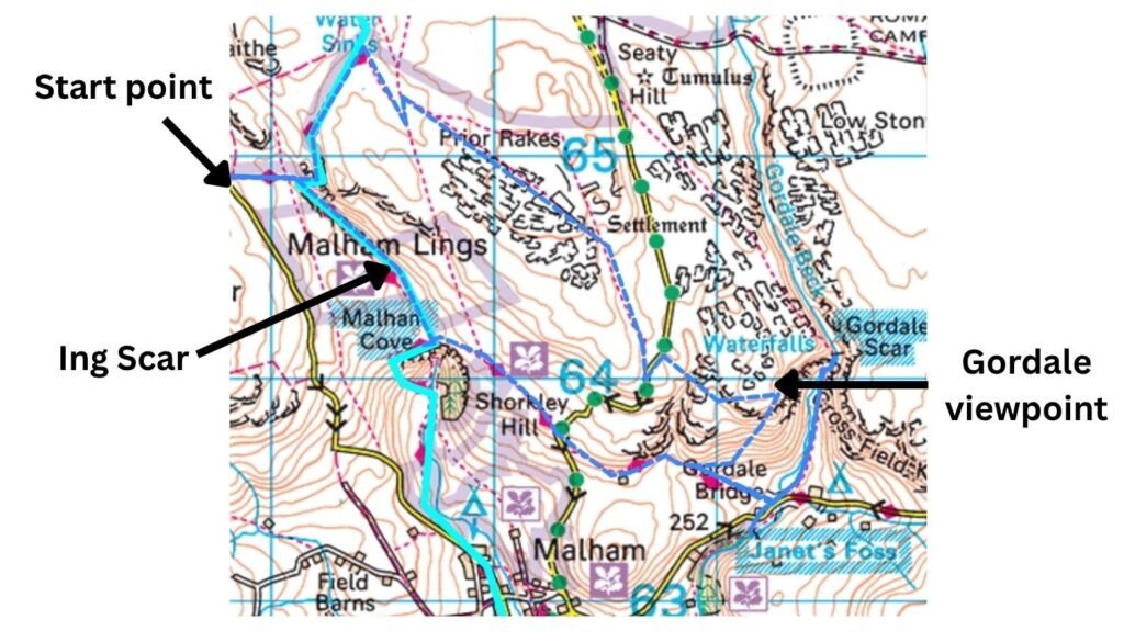 Annotated map of the 6‑mile circular walk linking Malham Cove, Gordale Scar, Janet’s Foss and Ing Scar, starting near Langscar Gate and following the high‑level route above the classic Malham loop.