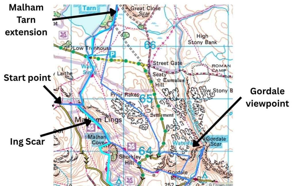 Annotated map of the 8‑mile Malham circular including Malham Tarn, showing the high‑level route via Ing Scar, the Pennine Way section to the tarn, the descent to Gordale Scar, Janet’s Foss, and the return to Malham Cove.