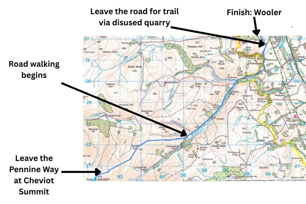 Map showing the route from The Cheviot to Wooler, with the Pennine Way marked in light blue and my descent route in dark blue.