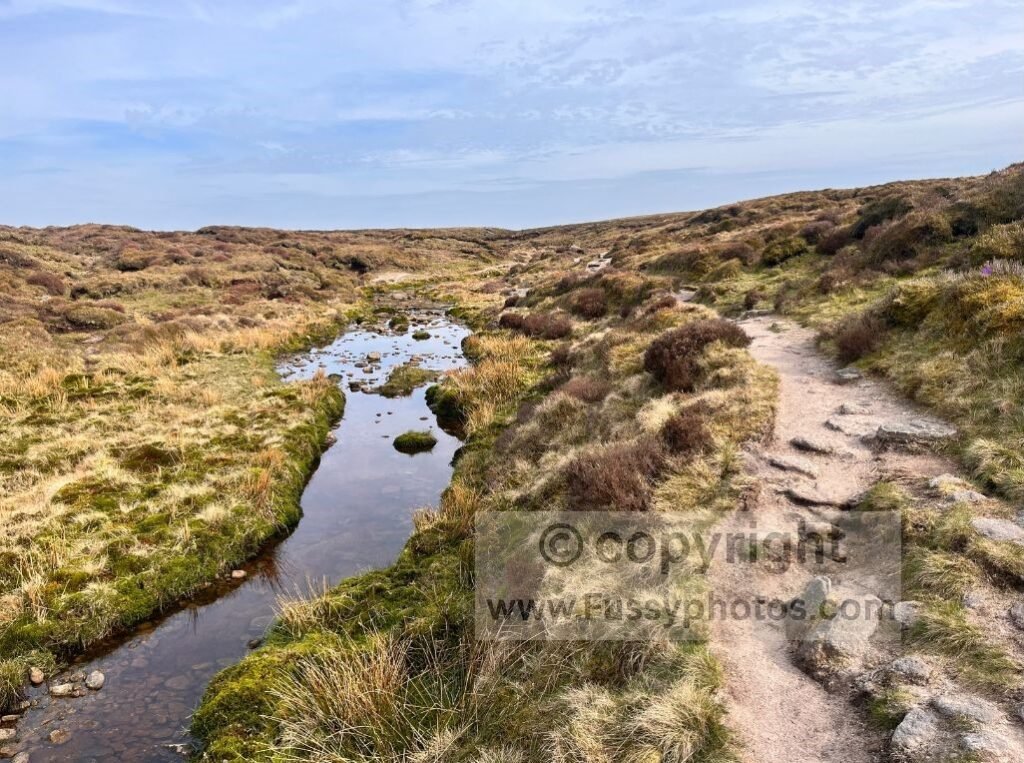 Eroded trail running beside a stream east of Kinder Downfall on Kinder Scout.