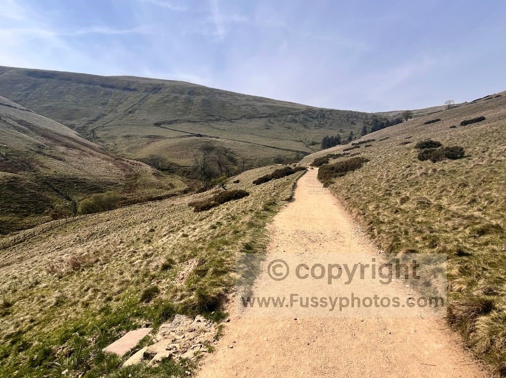 View west along the Edale valley from the Pennine Way, showing the narrowing valley before the climb to Jacob’s Ladder.