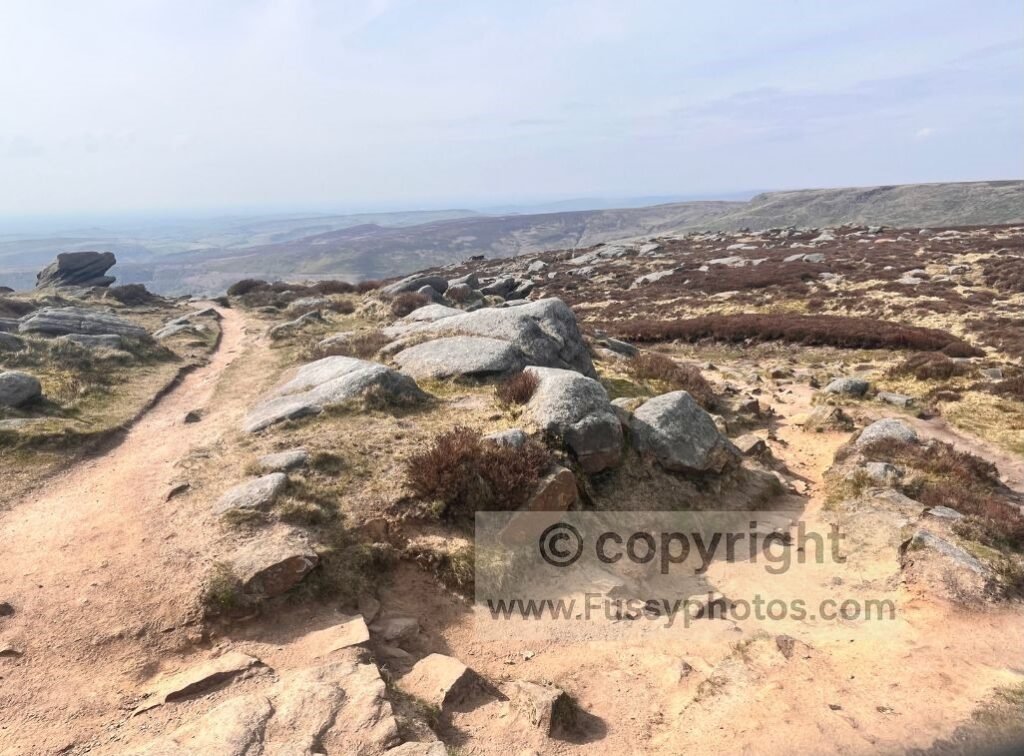 Trail view on the Pennine Way north of Kinder Low, where the path bends left before the ridge to Kinder Downfall.