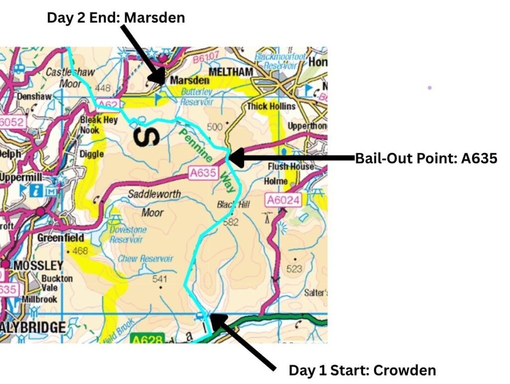 Map showing the Pennine Way from Crowden to Marsden with the A635 bail‑out point and route highlighted in light blue.