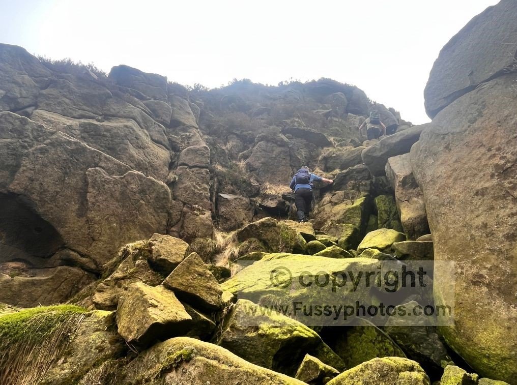 Walkers nearing the end of the scree scramble above Blackden Brook, close to reaching Blackden Edge.