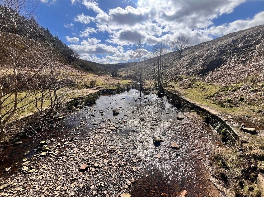 View of the How Wells stream from the track above Langsett Reservoir, taken on the ascent where the path rises towards the moorland edge.