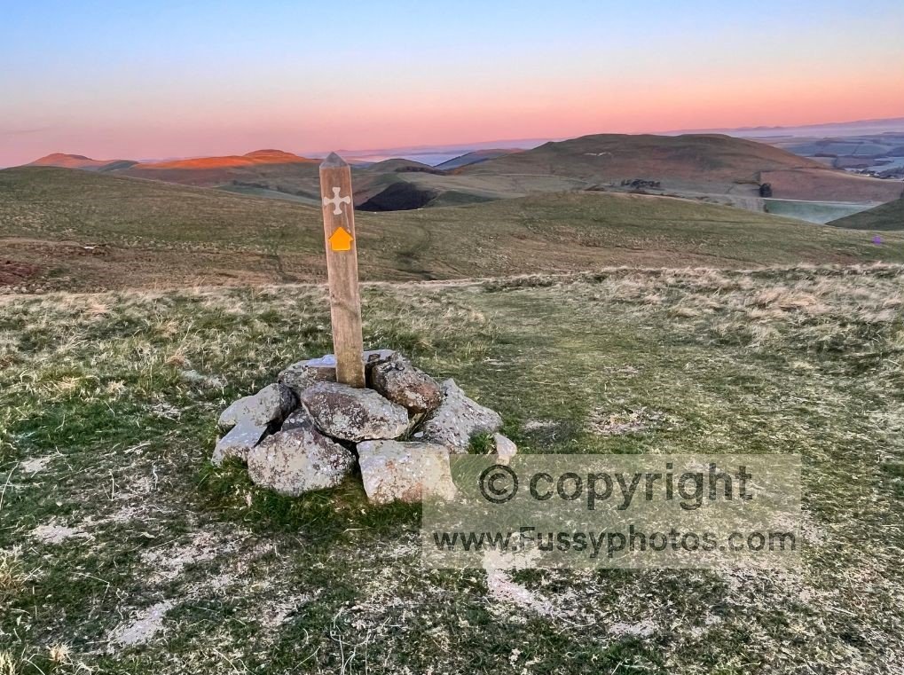 Sunrise lighting the final hundred metres of St Cuthbert’s Way before the Pennine Way junction.