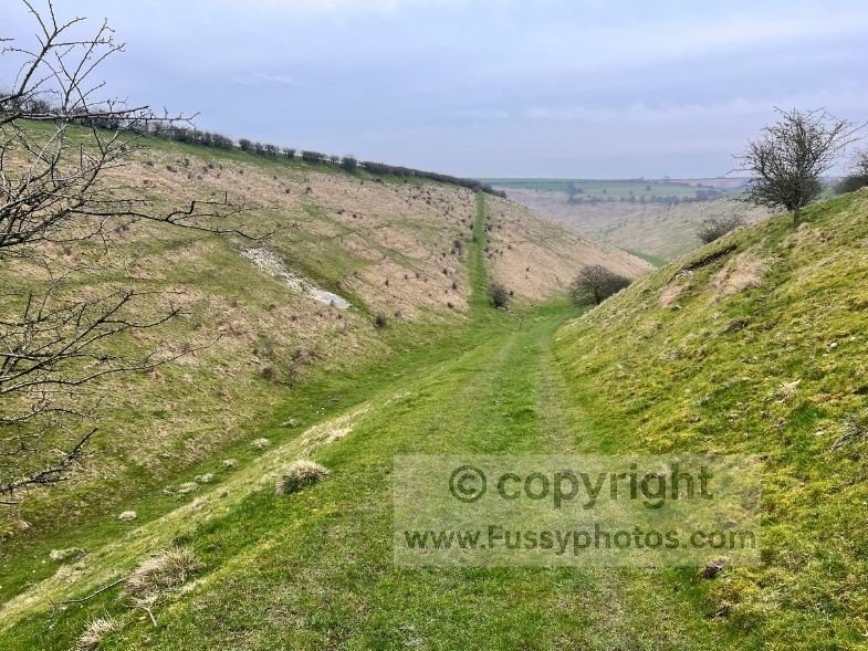 View from the top of Worm Dale looking east along the dry valley on the Wolds Way, towards Thixen Dale and the surrounding Wolds landscape.