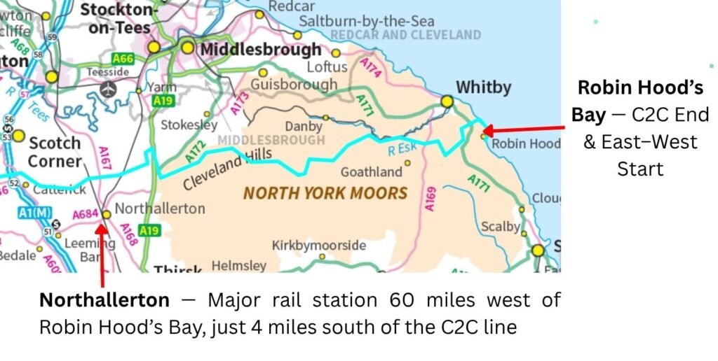 OS map extract showing the Coast to Coast route across the North York Moors towards Osmotherley, with Northallerton to the south.