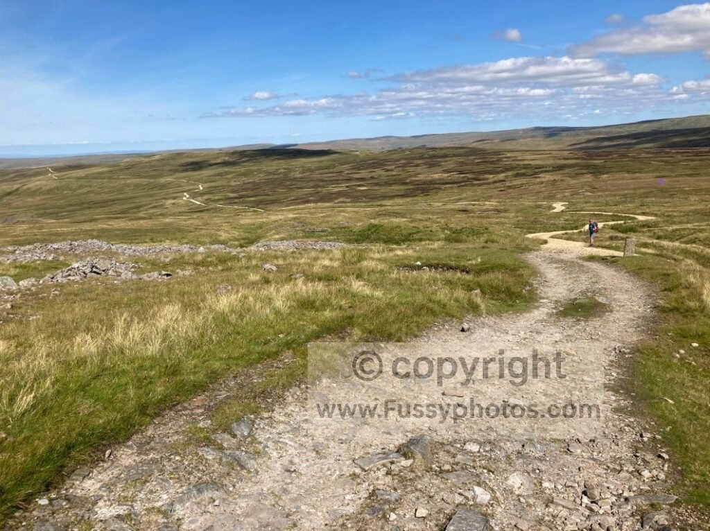 The Corpse Road winding into the horizon on the descent to Garrigill, with a long, straight track across open moorland.