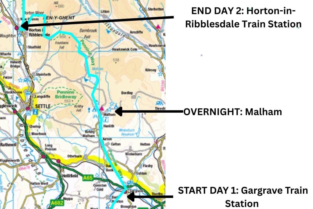 Annotated OS map extract showing the Pennine Way from Gargrave to Malham and Horton‑in‑Ribblesdale, with the route, villages and train stations labelled for the recommended two‑day section.