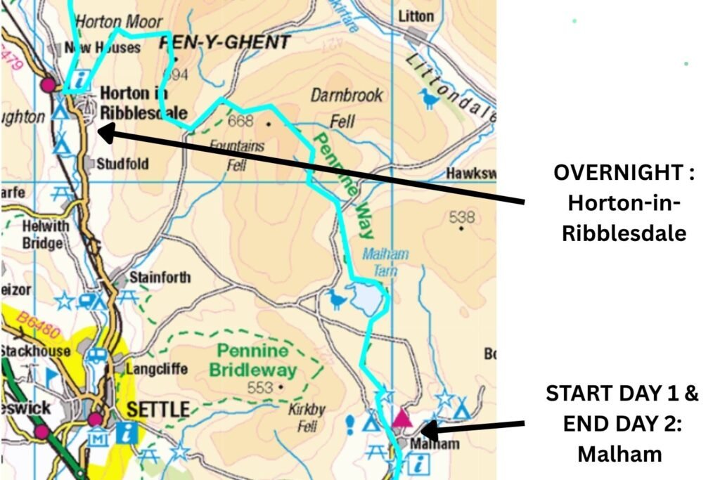 Annotated OS map extract showing the Pennine Way from Malham to Horton‑in‑Ribblesdale and back, with the route, villages, bus link from Gargrave and both train stations labelled for this longer alternative.