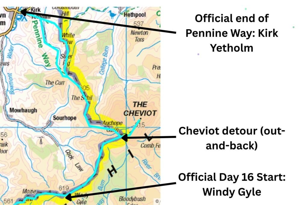 Map showing the Pennine Way from Windy Gyle to Kirk Yetholm, with the light‑blue line marking the main trail and the labelled detour to The Cheviot summit.