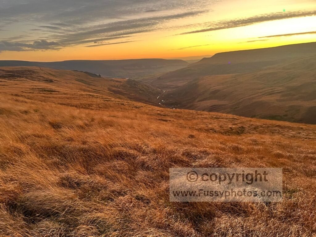 Autumn sunset looking towards Crowden and Torside Reservoir from the Crowden to Black Hill circular.
