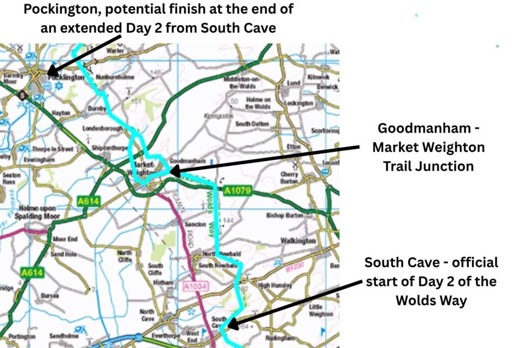 Wider‑area map showing the Day 2 route from South Cave on the Yorkshire Wolds Way, the annotated trail junction between Market Weighton and Goodmanham, and the optional onward extension towards Pocklington for a longer day.