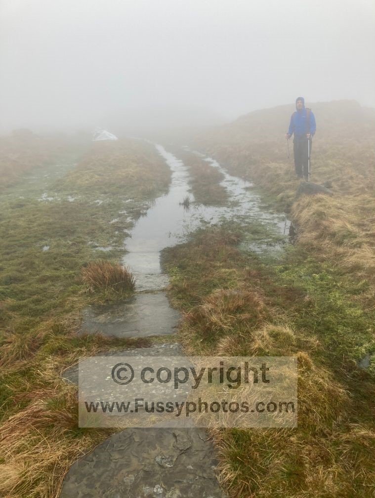 Flooded stone slabs on Great Shunner Fell, with thick fog and boggy ground obscuring the view ahead.