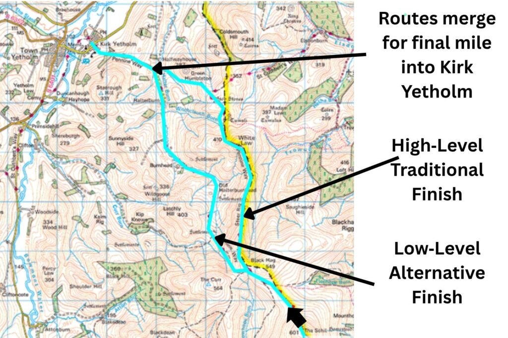 OS map showing the high‑level and low‑level finish options on the final miles of the Pennine Way to Kirk Yetholm, with the Pennine Way marked in light blue and both routes highlighted where they diverge and rejoin.