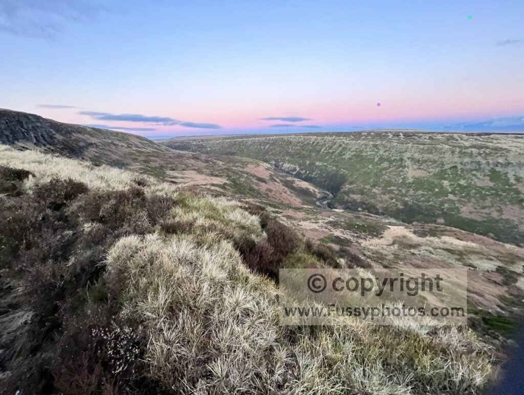 Sunset from another time of year, seen from Laddow Rocks overlooking the valley and Crowden Great Brook.