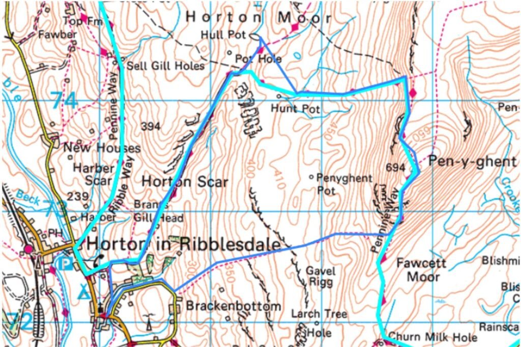 OS map showing the Pen‑y‑Ghent circular route with the Pennine Way in light blue and the circular loop in dark blue, including overlapping sections that follow the Pennine Way.