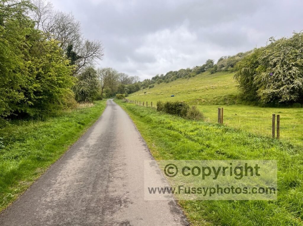 Road section of the Yorkshire Wolds Way leading towards Goodmanham, showing the quiet lane used for the ¾‑mile stretch after the trail junction.