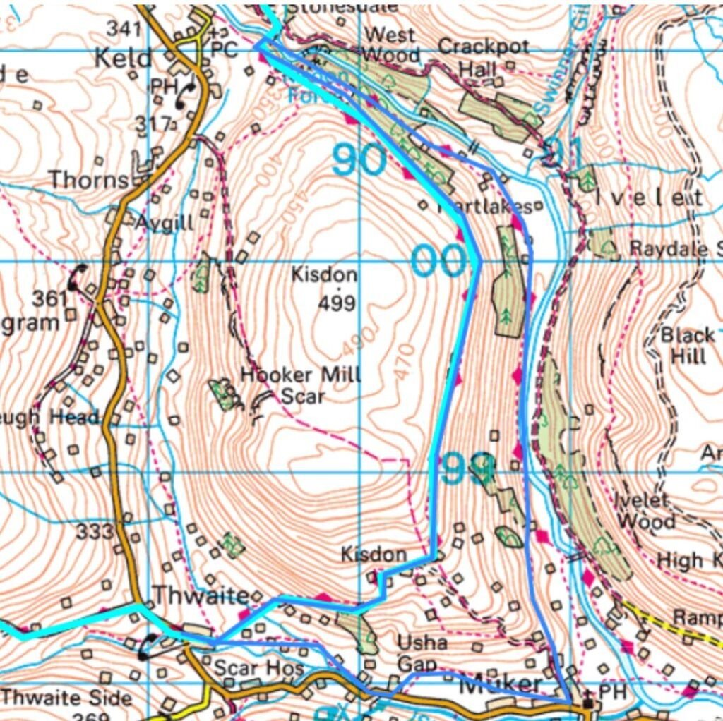 Route map for a 6.5‑mile Swaledale Circular using the western slope, the Pennine Way between Thwaite and Keld, and the Muker valley trail; light blue marks the Pennine Way, dark blue marks the circular route.