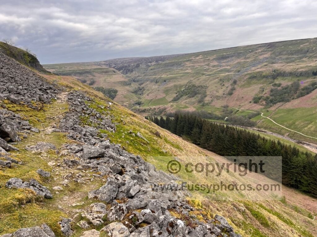 Elevated north‑facing view from the Pennine Way, showing Swinner Gill and the valley running towards the River Swale.