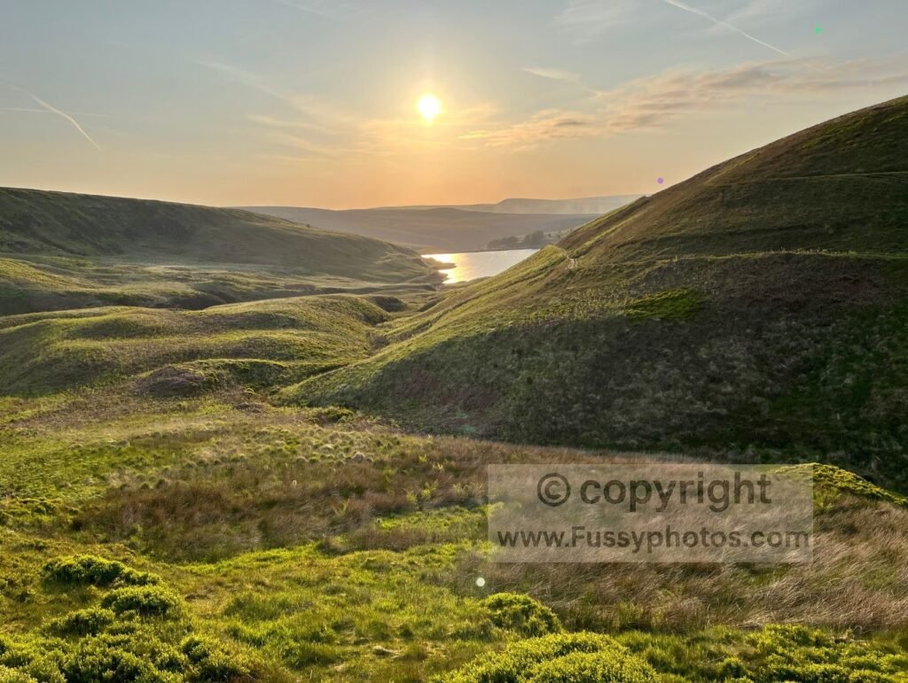 Sunset view over Wessenden Reservoir on Day 2 of the Pennine Way.