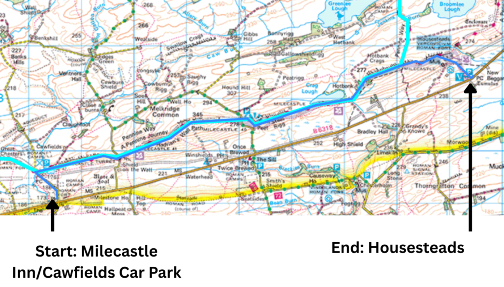 Map showing the linear Hadrian’s Wall walk from Cawfields to Housesteads, with labelled points at Winshields Crag, Steel Rigg, and Sycamore Gap, and the AD122 bus used for access.