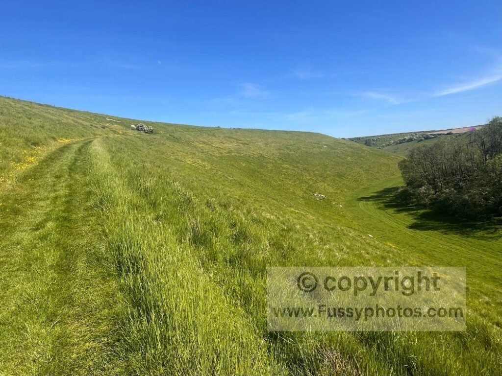 Reverse view up the slope to the eastern entrance of Brubber Dale on the Wolds Way, showing the gate and acorn sign below and the early valley shape becoming visible.