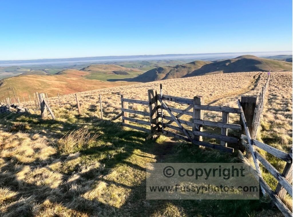 Early‑morning view over the Cheviots, with wide, panoramic hills in soft light.
