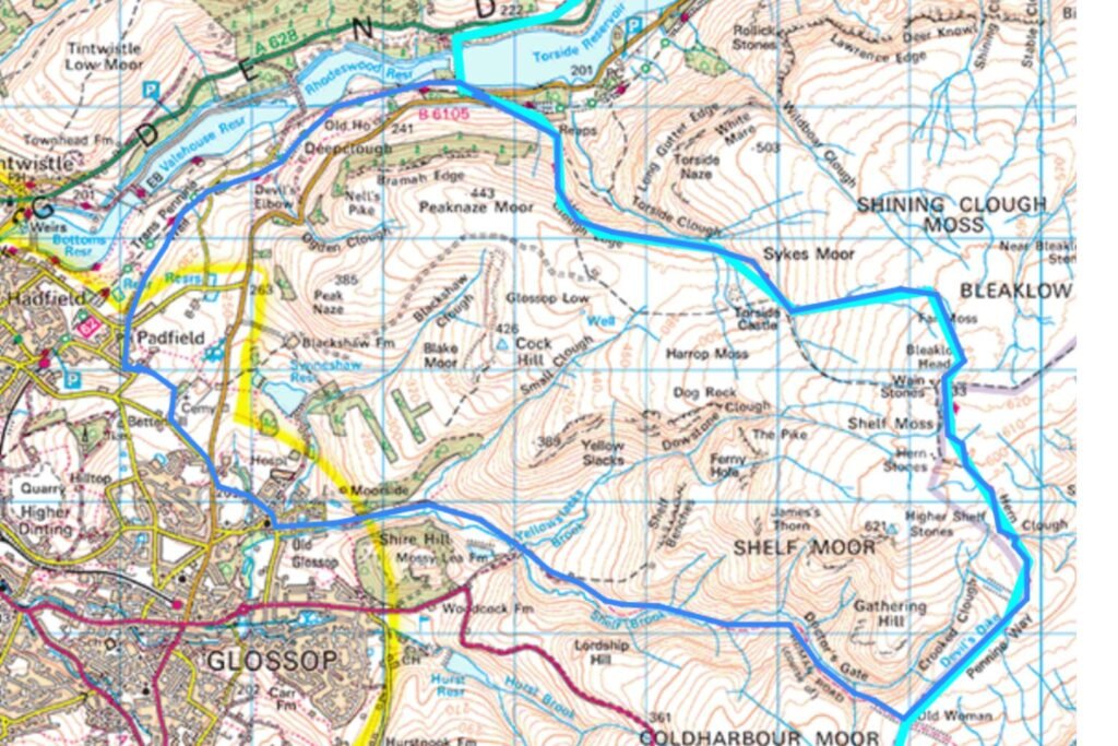 Bleaklow circuit map — Map showing the Pennine Way in light blue and the 12.5‑mile circular route in dark blue, with shared sections marking where the loop follows the Pennine Way between Bleaklow Head and Torside.