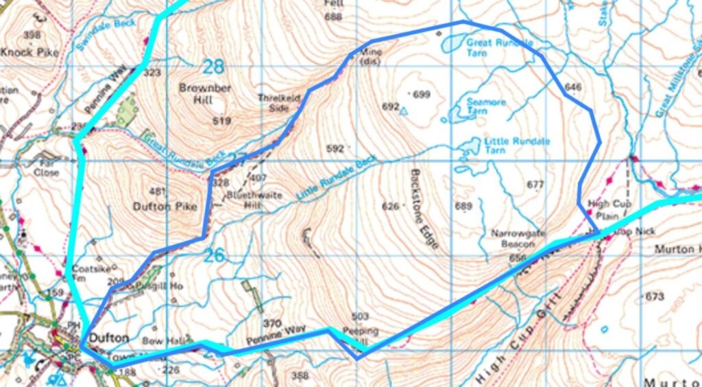 Dufton to High Cup Nick alt text — OS map extract showing the Dufton → Great Rundale → High Cup Nick circular route, with the Pennine Way in light blue and my loop in dark blue; overlapping sections follow the Pennine Way.