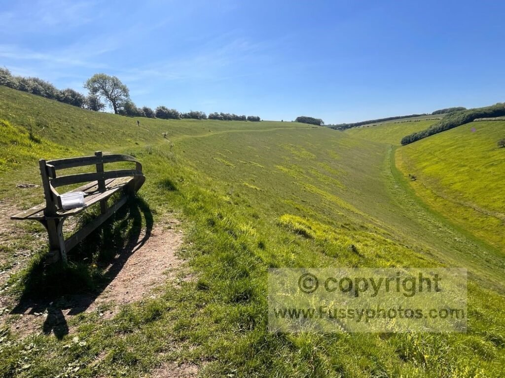 Sunlit summer view across Horse Dale on the Yorkshire Wolds Way, highlighting the bright, dry conditions typical of the trail in peak season.