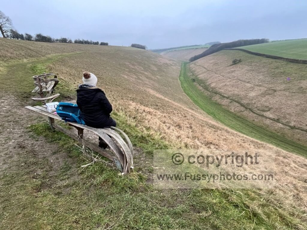 Winter view across Horse Dale on the Yorkshire Wolds Way, with a walker seated on a bench above the calm dry valley, illustrating the trail’s year‑round appeal.