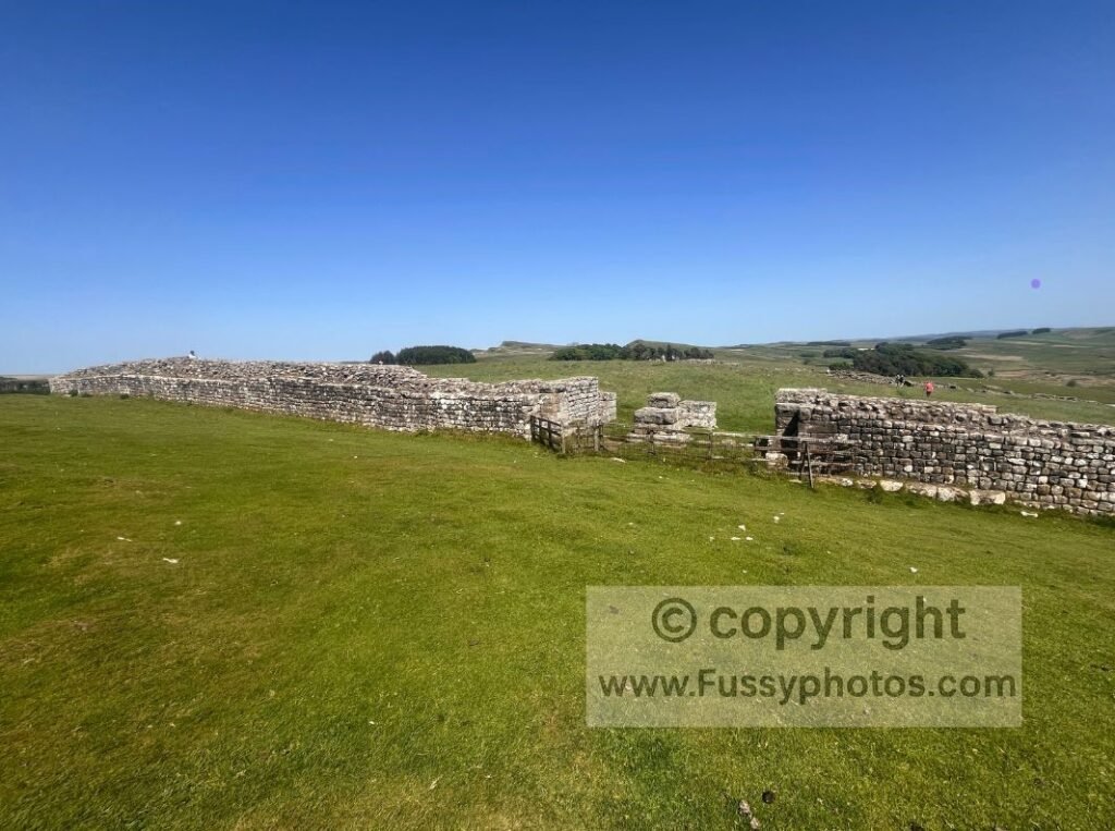 Looking across at Housesteads Roman Fort, with the fort’s rectangular footprint clear on the hillside.
