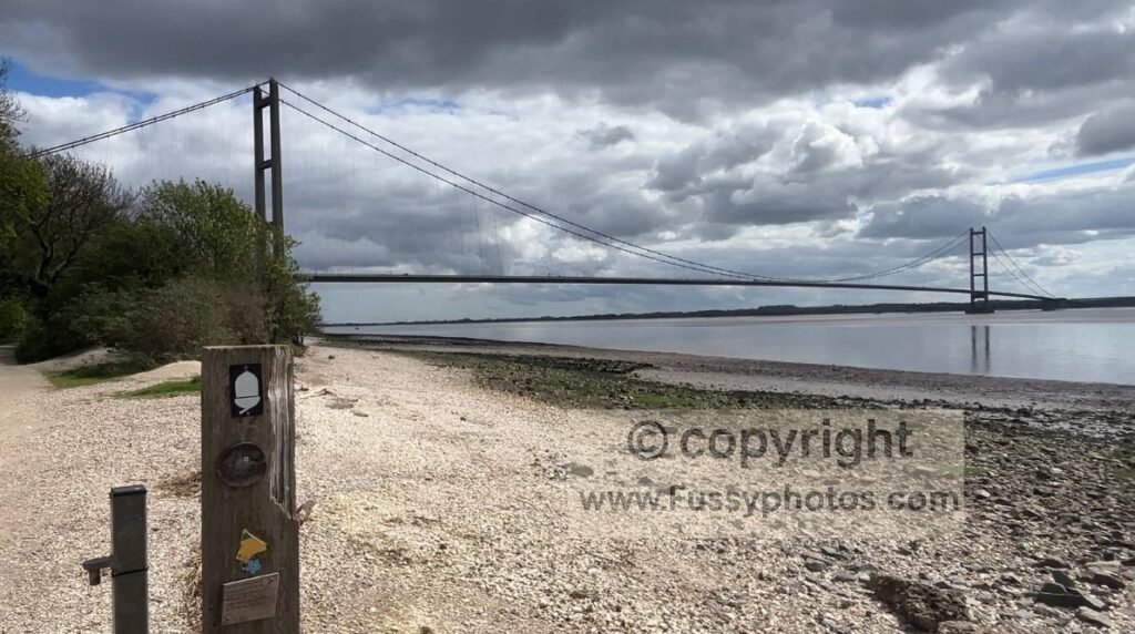 Eastward view from the opening stretch of the Yorkshire Wolds Way, showing the Humber Bridge in the distance as the National Trail starts to leave the riverside behind.