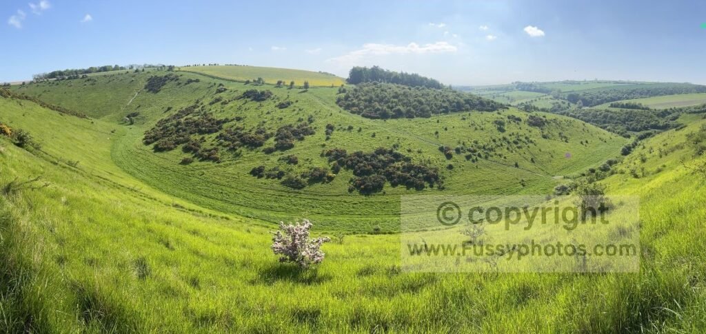 View back into Sylvan Dale from the climb on the Wolds Way, showing the small, sheltered valley beneath you as the path rises sharply.