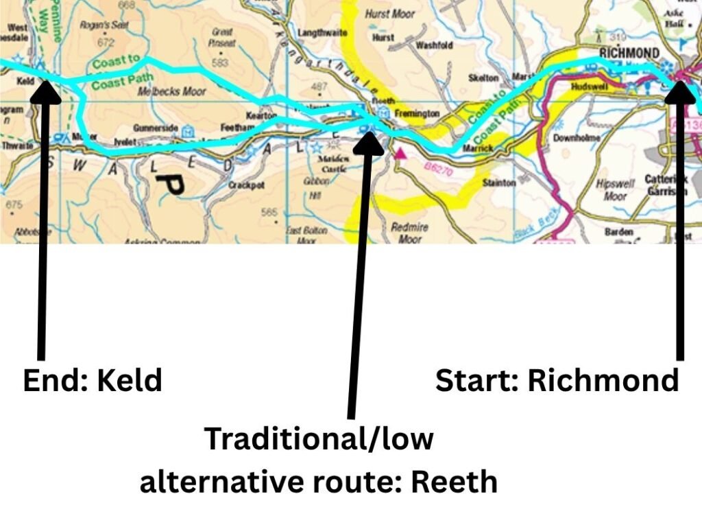 Day 5 labelled map — map of the Coast to Coast Path from Richmond to Keld, with Reeth and the high‑route/riverside split labelled.