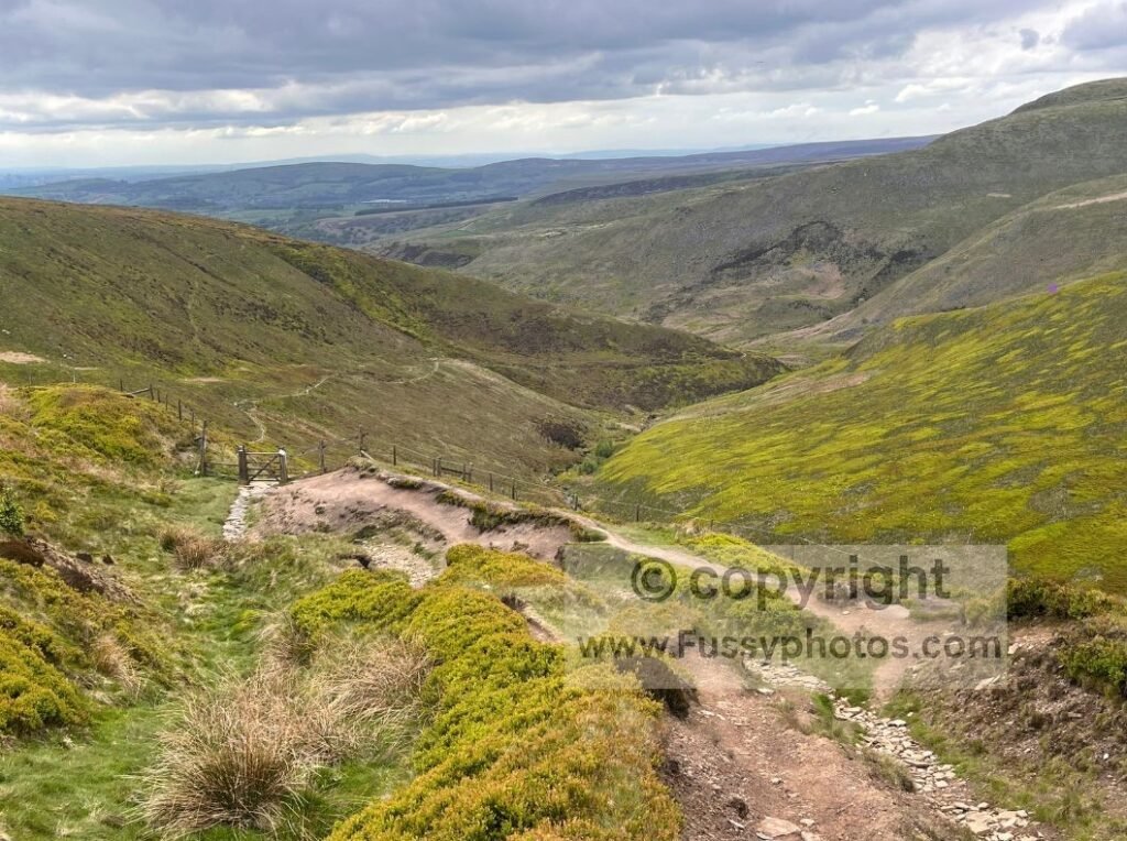 Looking west down the valley — View looking back down the Doctor’s Gate valley from the rising path, with the stream and lower ground visible below.