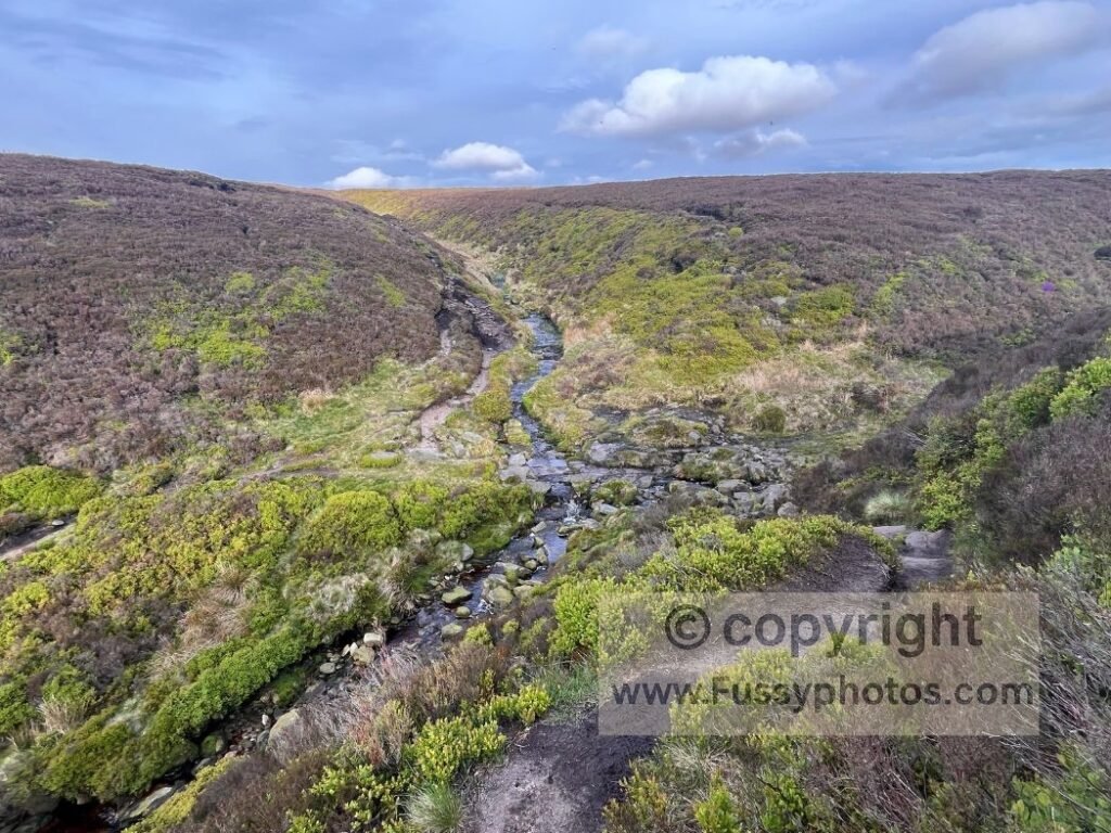 Two streams meeting at Wildboar Grain — Photo showing the junction of two streams where the descent from Bleaklow eases and the Pennine Way turns north beside Wildboar Grain.