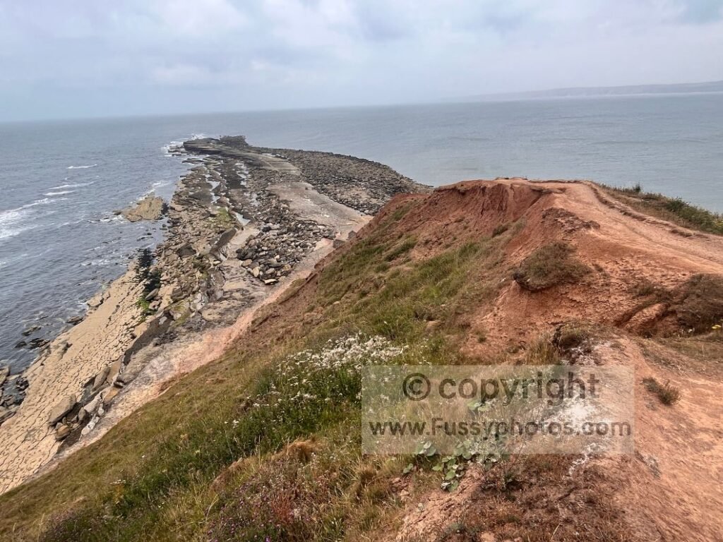 Panoramic eastward view from Carr Naze, reached by continuing 0.3 miles past the end of the Cleveland Way and Yorkshire Wolds Way, showing Filey Brigg, Brigg End and Spittal Rocks at low tide.