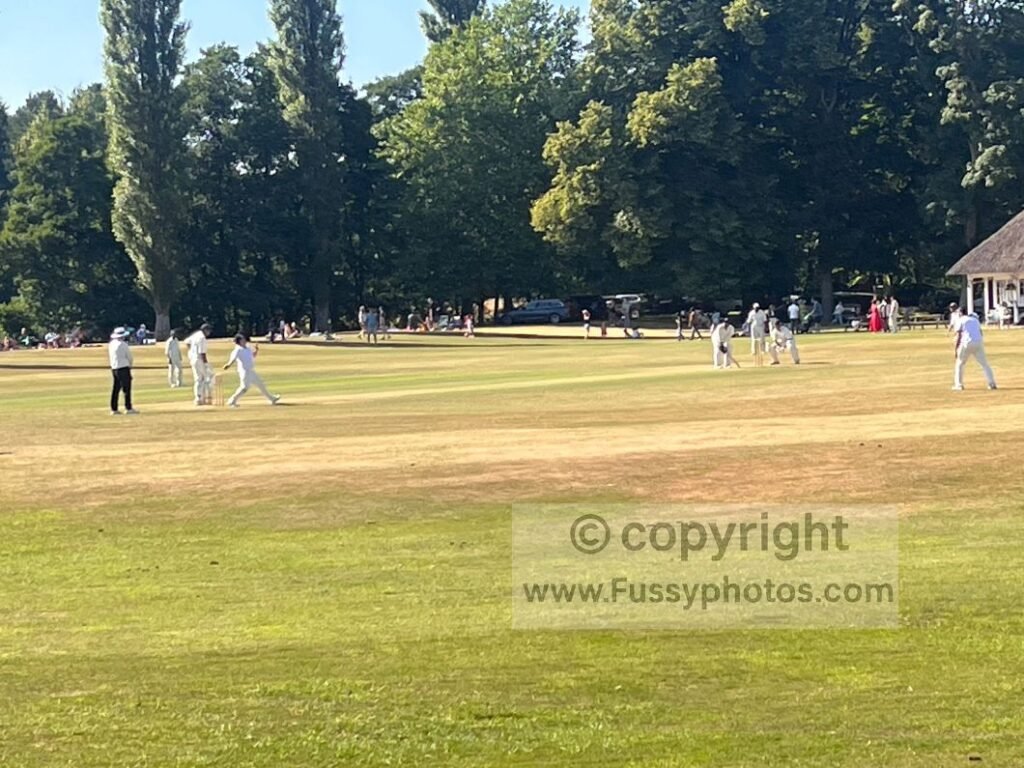 Cricket match at Chatsworth Cricket Club, with Chatsworth House and the designed parkland of Capability Brown visible behind.